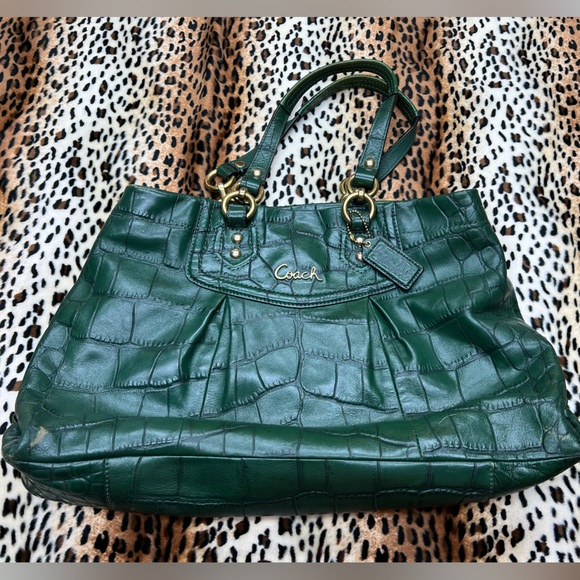 Coach Ashley Croc Embossed Leather Carry-All Hand bag hunter green - Picture 5 of 16